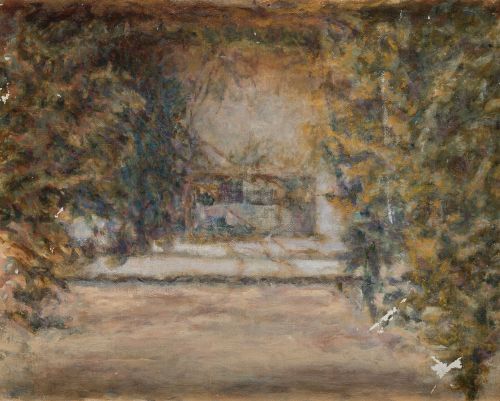 ANÓNIMO, "Casa entre la vegetacion", Óleo sobre tela pegada