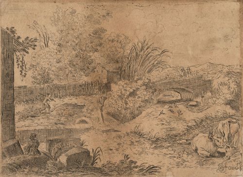 JEAN BAPTISTE DE FAUDRAN, "Paisaje rural", Aguafuerte sobre