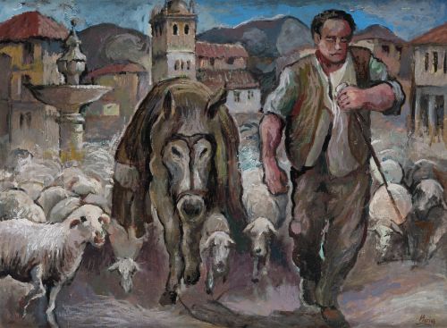 ISIDRO LÓPEZ MURIAS, "El regreso del rebaño", Óleo sobre li