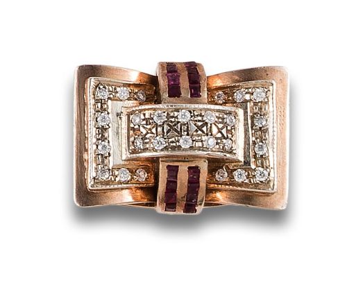 SORTIJA CHEVALIER, AÑOS 40, DE DIAMANTES Y RUBÍES SINTÉTICO