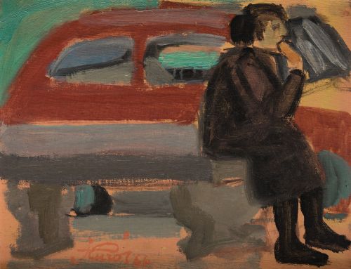 JORDI CURÓS, "Mujer sentada comiendo", 1966, Óleo sobre car