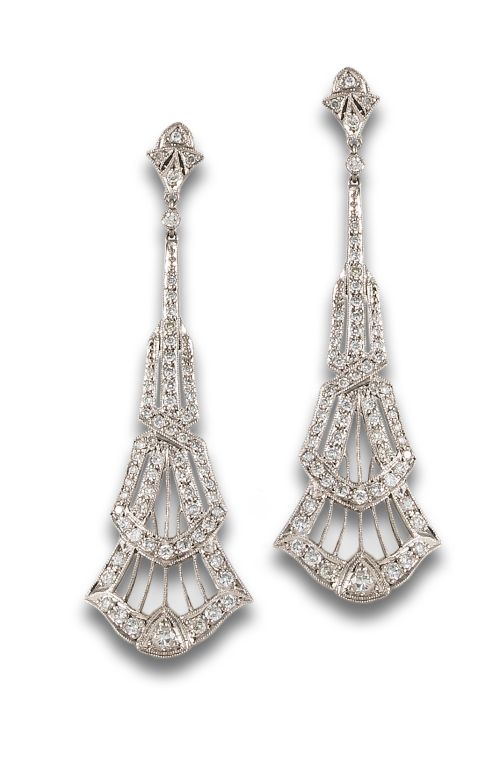 PENDIENTES LARGOS, ESTILO ART DÉCO, DE DIAMANTES, EN PLATIN