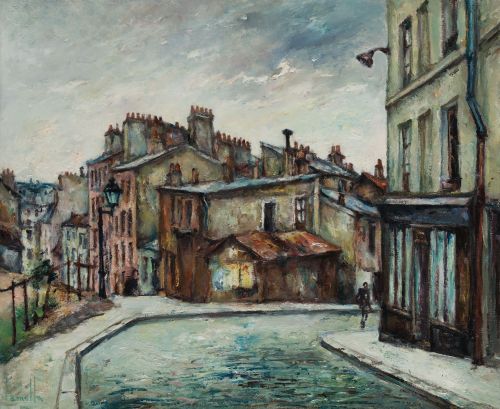 ANTONIO GARCÍA LAMOLLA, "Calle de pueblo", Óleo sobre lienz