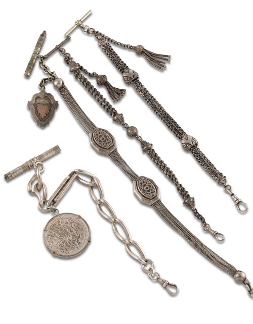 CONJUNTO DE CINCO LEONTINAS ANTIGUAS DE PLATA