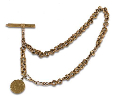 LEONTINA ORO 14K, LLAVE DE18K Y MONEDA PELUCONA DE 21K.