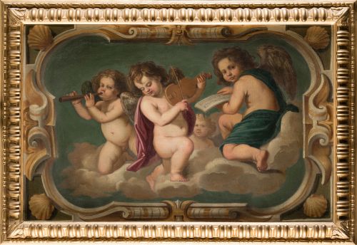 ESCUELA ESPAÑOLA, "Sobrepuerta con ángeles músicos", Óleo