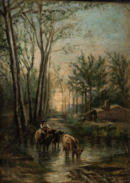 ESCUELA ESPAÑOLA, "Paisaje con pastor y ganado", Óleo sobr
