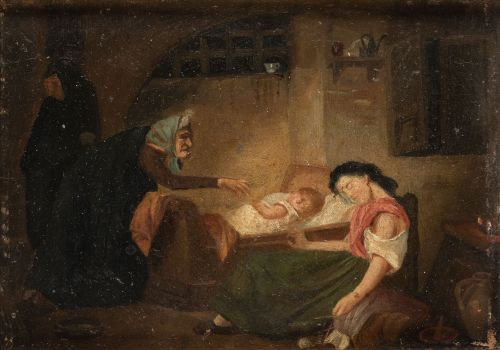 ESCUELA ESPAÑOLA , "La curandera", Óleo sobre tabla.