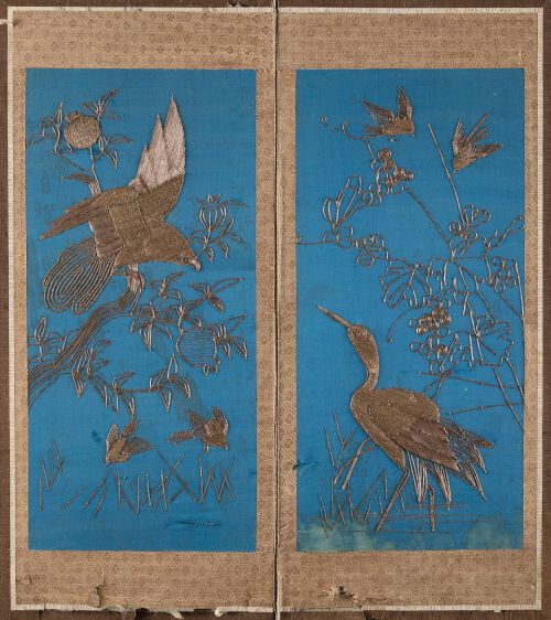 Biombo bordado, periodo Meijí, Japón, ffs.S.XIX