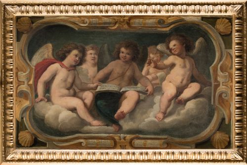 ESCUELA ESPAÑOLA, "Sobrepuerta con ángeles cantores", Óleo