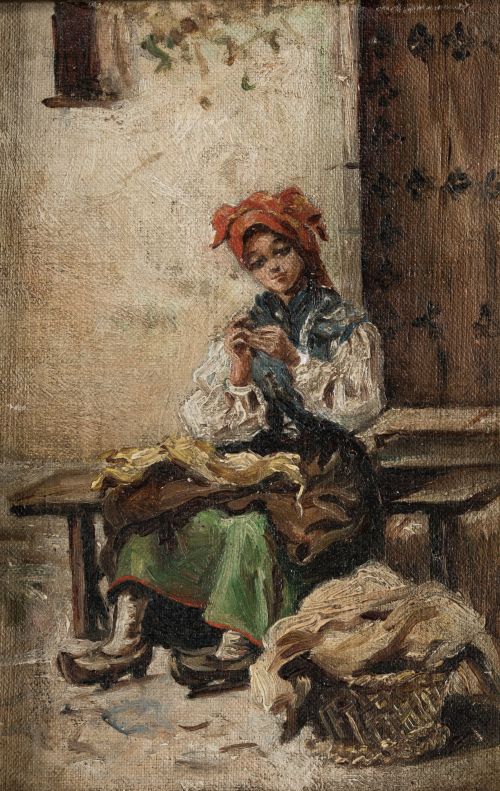  ESCUELA ESPAÑOLA, "Campesina cosiendo", Óleo sobre lienzo.