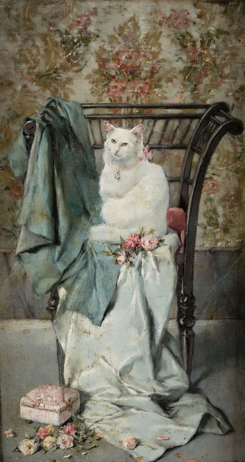 JOSÉ NIN Y TUDO, "La gata blanca", Óleo sobre lienzo.