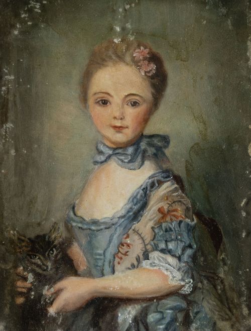 ESCUELA CENTROEUROPEA, "Retrato de una niña con gato", Óleo