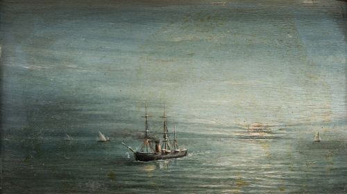 ESCUELA ESPAÑOLA , "Barco de vapor al atardecer", Óleo sobr