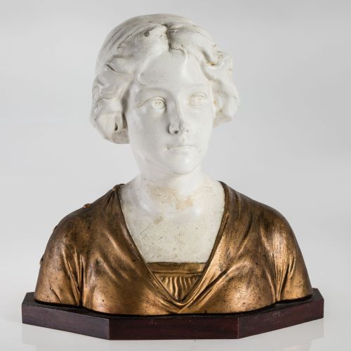 "Mujer" busto de loza esmaltada y dorada, posiblemente Fran