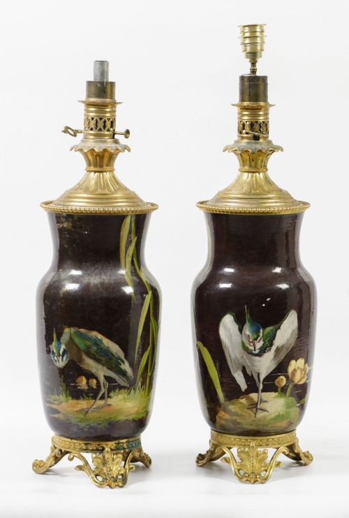 Pareja de lámparas de mesa a partir de quinqués, S. XIX