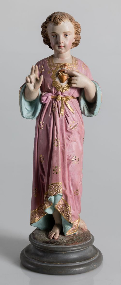 "Sagrado Corazón Niño", figura de loza esmaltada, Francia,