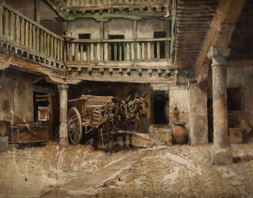 JOSE LLANECES, "Patio interior con carro", Óleo sobre lienz