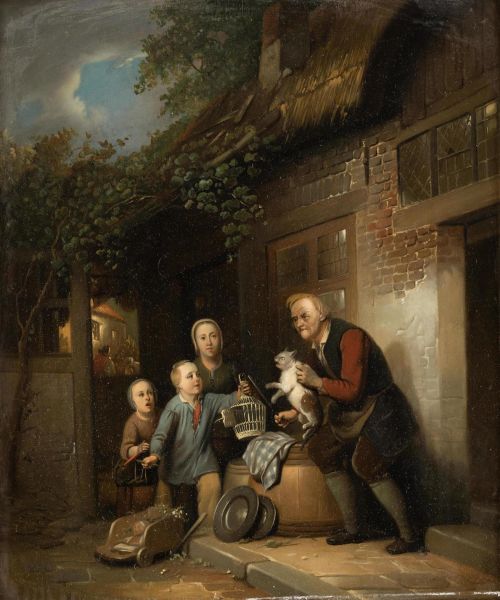 ESCUELA HOLANDESA, "El cazador cazado", Óleo sobre tabla