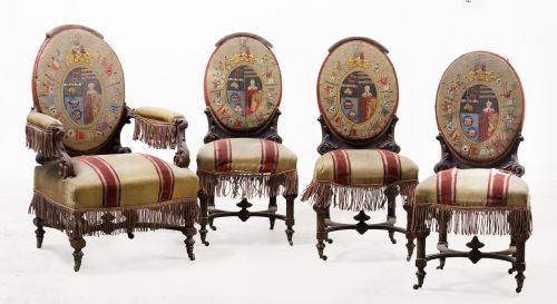 Butaca y tres sillas alfonsinas, ffs. S. XIX- pps. S. XX