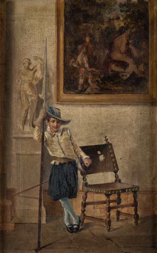 ESCUELA ESPAÑOLA , "Joven alabardero en un interior palacie