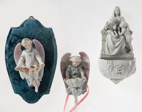 Pair of biscuit holy water fonts, possibly Germany, late 19