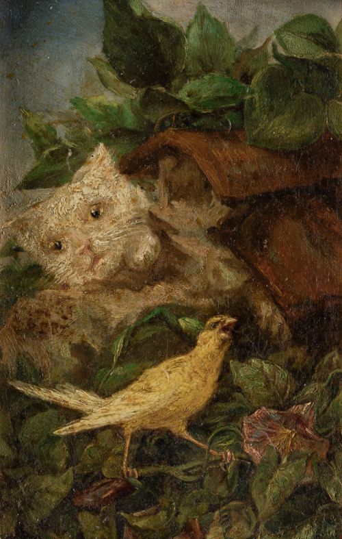 ESCUELA ESPAÑOLA, "El gato y el canario", Óleo sobre cartó