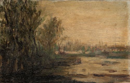  ESCUELA ESPAÑOLA, "Paisaje con lago", Óleo sobre tabla.