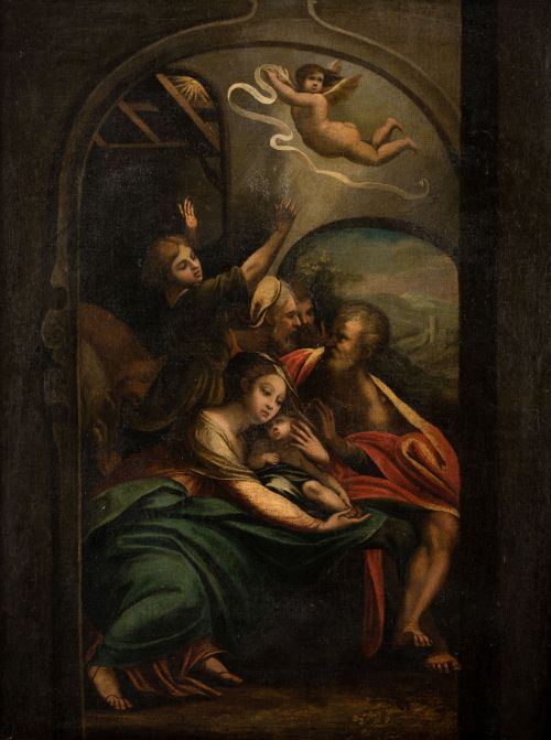 ESCUELA ITALIANA, "Sagrada Familia con ángeles", Óleo sobr