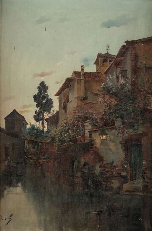 PEDRO INIESTA SOTO, "Calle de pueblo inundada", Óleo sobre