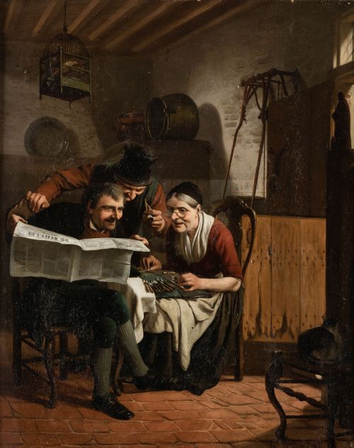 JOOS VAN BREE, "El periódico humorístico", Óleo sobre tabla