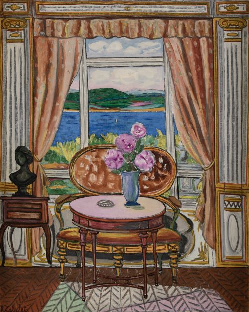 RAFAEL ZABALETA, "Interior con mar al fondo", 1957, Óleo 