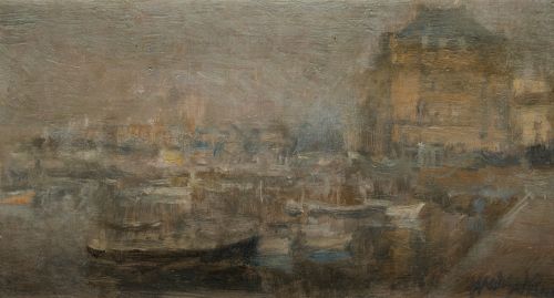 GUILLERMO VARGAS RUIZ, "Vista de ciudad con puerto", Óleo s