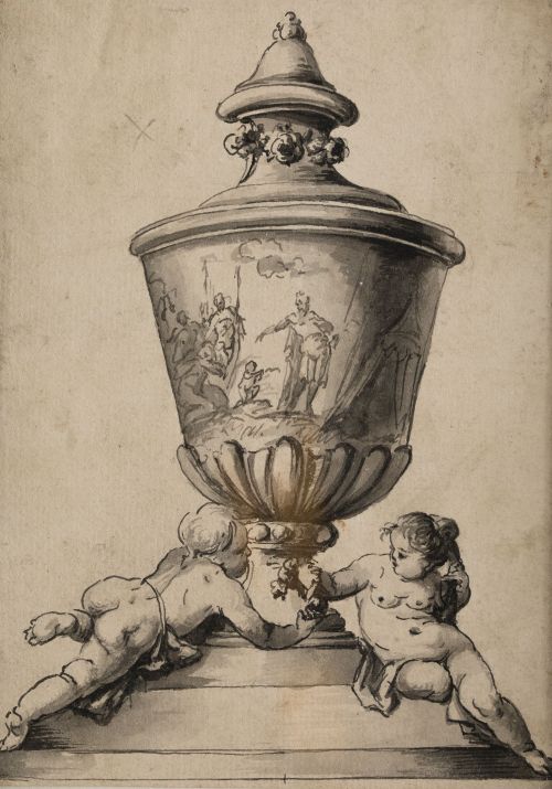 ESCUELA FRANCESA, "Amorcillos junto a urna", Tinta sobre pa