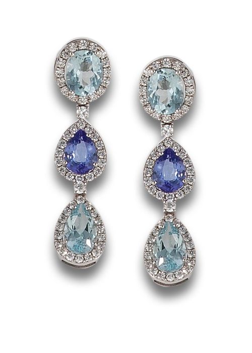 PENDIENTES ROSETONES DE AGUAMARINAS, TANZANITAS Y DIAMANTES