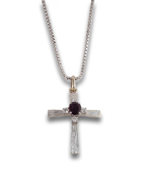 DIAMOND AND RUBY CROSS PENDANT IN WHITE GOLD WITH CHAIN