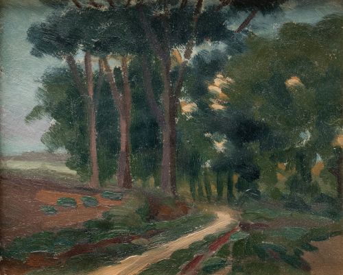 ESCUELA CATALANA, "Paisaje con camino", Óleo sobre cartón
