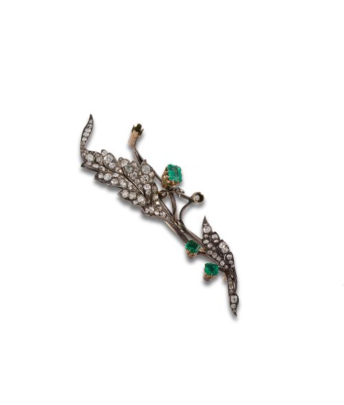 BROCHE VEGETAL ANTIGUO CON DIAMANTES Y ESMERALDA