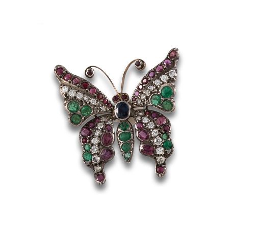 ALFILER MARIPOSA CON DIAMANTES ESMERALDAS Y RUBÍES