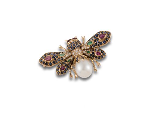 BROCHE INSECTO DE ORO, ZAFIROS, ESMERALDAS, RUBÍES Y PERLA
