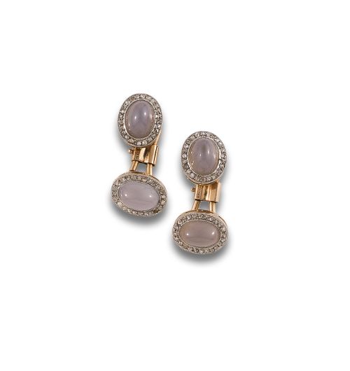 GEMELOS DE ORO PIEDRA LUNA Y DIAMANTES 