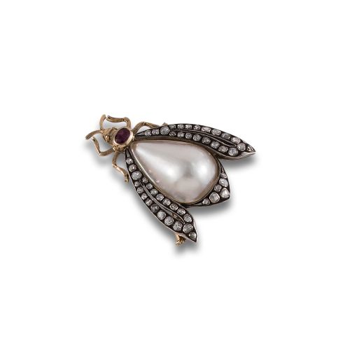 ALFILER INSECTO DE ORO PERLA Y DIAMANTES