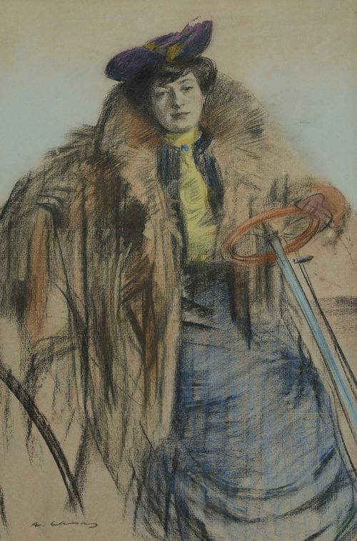 RAMÓN  CASAS Y CARBO, "Dama al volante", Carboncillo, paste