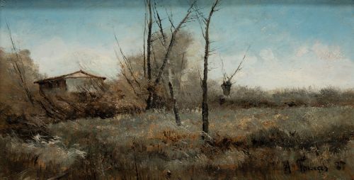ESCUELA ESPAÑOLA , "Paisaje de campo", 1887, Óleo sobre tab