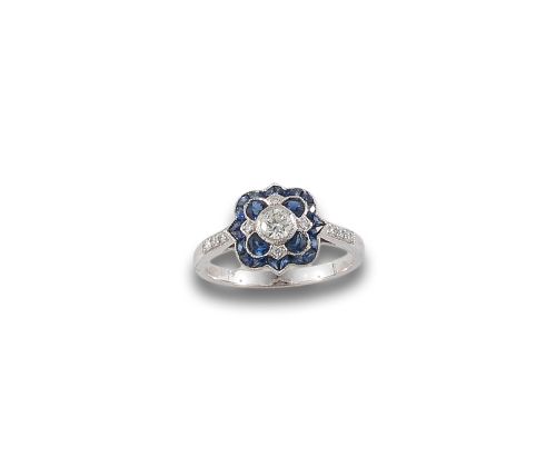ART DECO STYLE RING WITH DIAMONDS AND SAPPHIRES IN WHITE GO