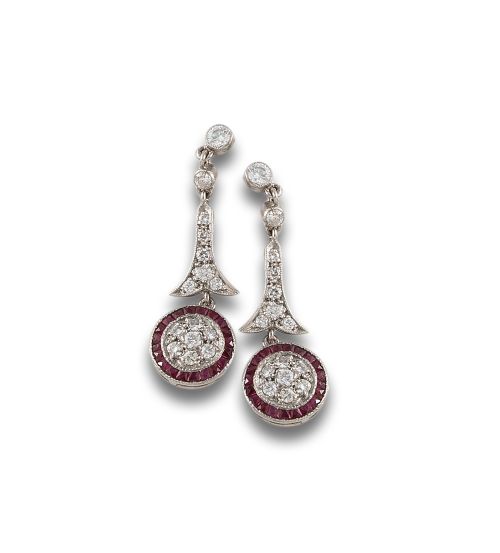 LONG, ART DECO-STYLE, DIAMOND AND RUBY EARRINGS IN PLATINUM