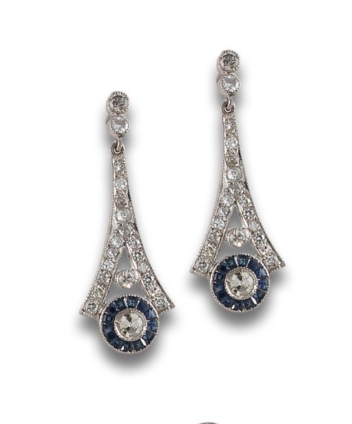 LONG PLATINUM EARRINGS WITH DIAMONDS AND SAPPHIRES