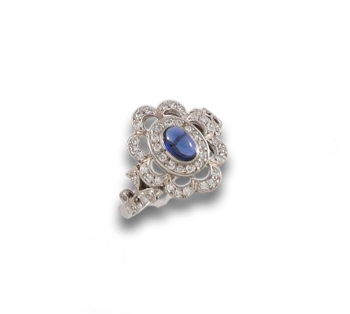 OPENWORK RING, ANTIQUE STYLE, WITH DIAMOND AND SAPPHIRE, IN