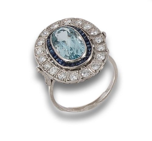 SORTIJA LANZADERA DE DIAMANTES, AGUAMARINAS Y ZAFIROS, EN P
