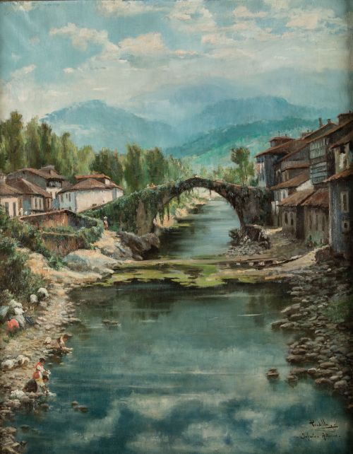 MIGUEL PRADILLA, "Puente viejo de Infiesto, Asturias", Óleo